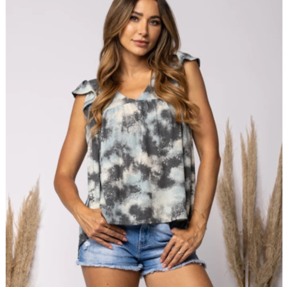 "The Riah" Tie Dye Ruffle Sleeveless Knit Top